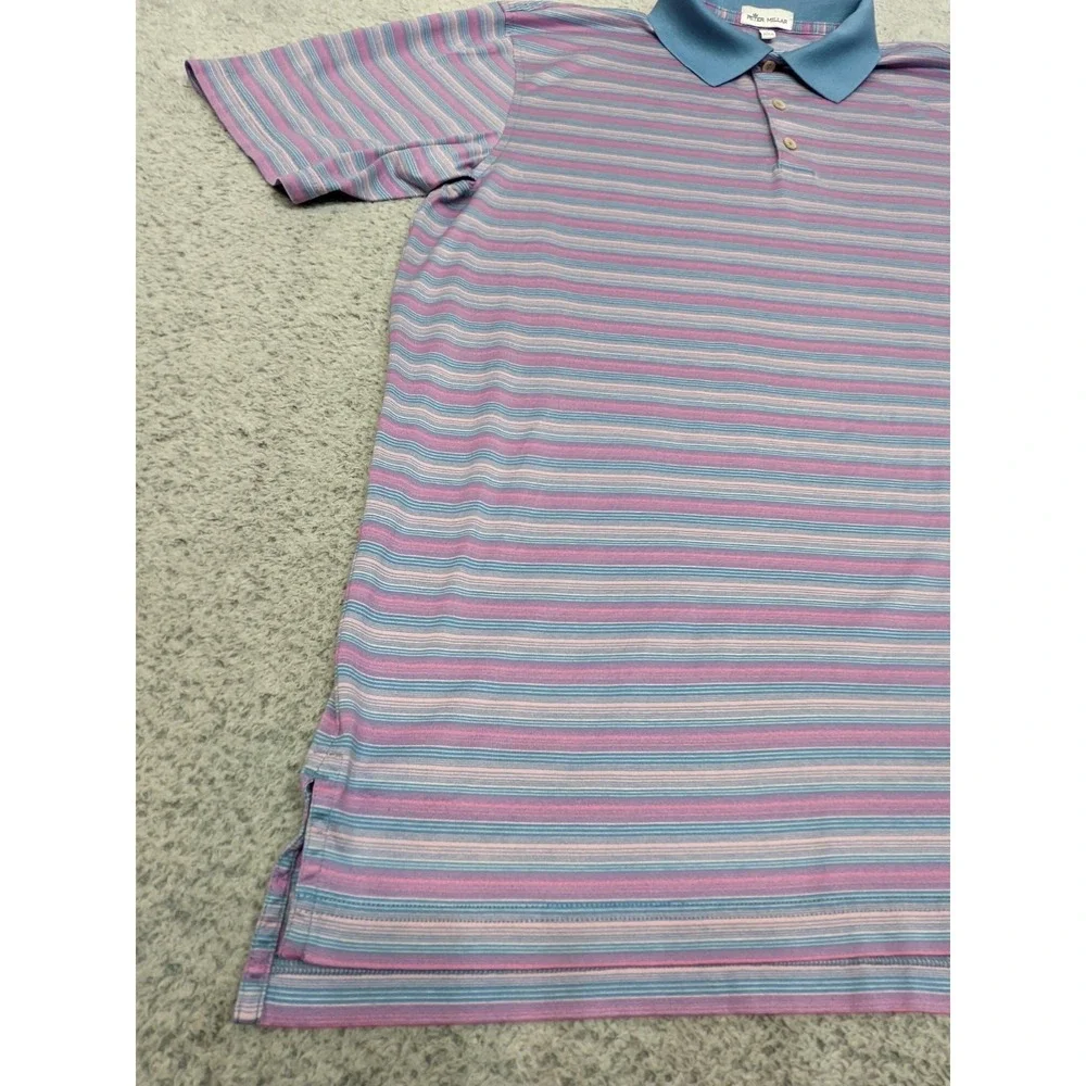 Peter Millar Performance Polo Golf Shirt Blue Pink Stripe Mens Large 100% Cotton